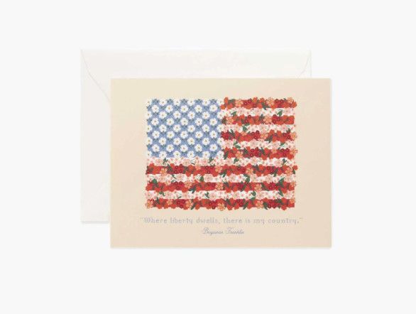 Rifle Americana quote card with patriotic design, inspirational greeting card for encouragement and celebration
