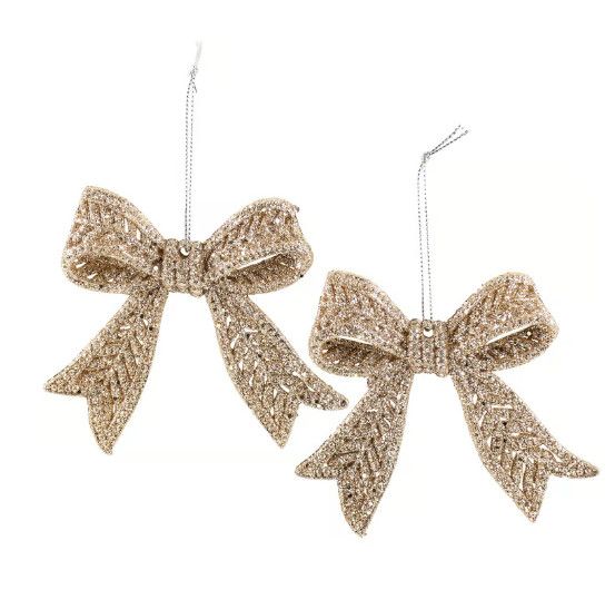 Champagne Glittered Bow Ornament Set of 2