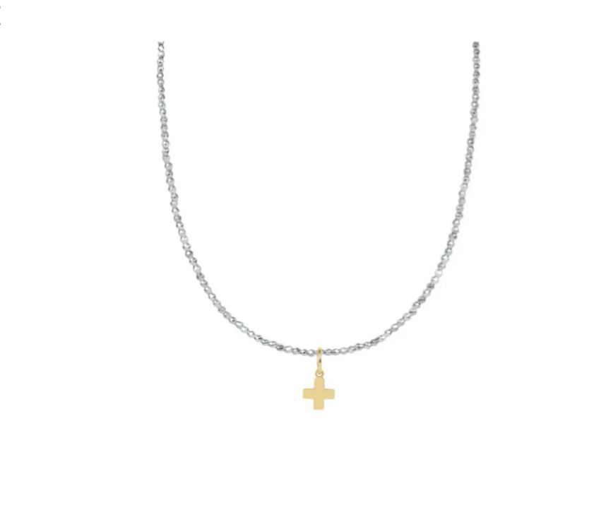 15&quot; Choker Silver Faceted Hematite 2mm Bead Signature Cross Gold Charm