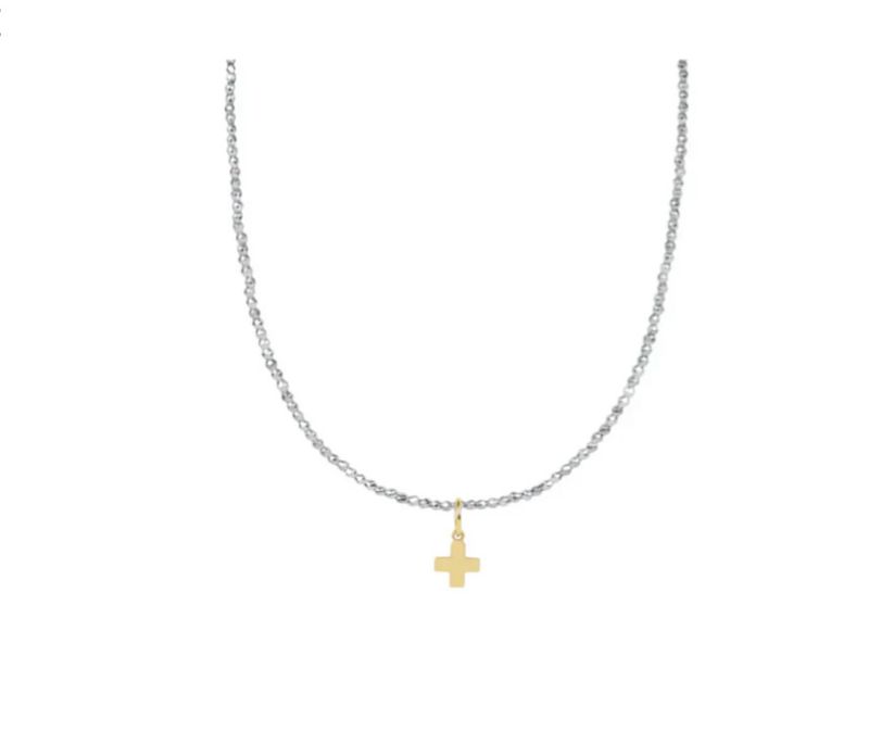 15&quot; Choker Silver Faceted Hematite 2mm Bead Signature Cross Gold Charm