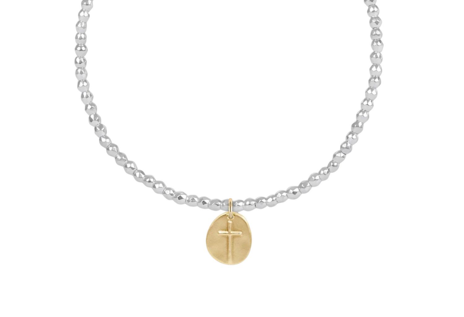 15&quot; Choker Bright Silver Faceted Hematite 2mm Bead Inspire Small Gold Charm