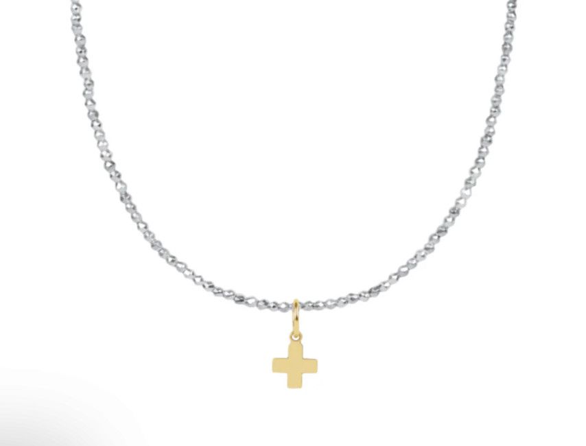 15&quot; Choker Bright Silver Faceted Hematite 2mm Bead Signature Cross Gold Charm