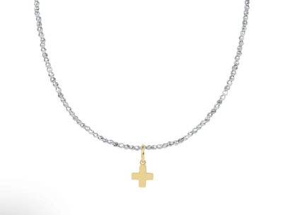 15&quot; Choker Bright Silver Faceted Hematite 2mm Bead Signature Cross Gold Charm