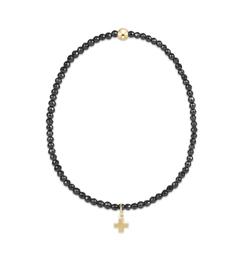 Faceted Hematite 2mm Bead Bracelet Signature Cross Gold Charm