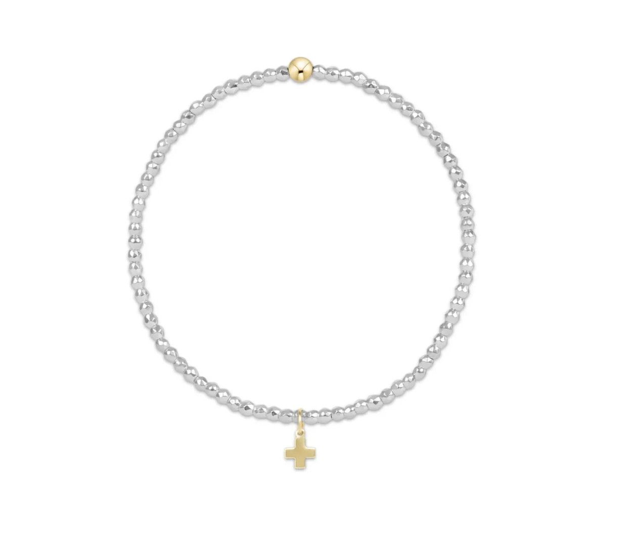 Bright Silver Faceted Hematite 2mm Bead Bracelet Signature Cross Gold Charm