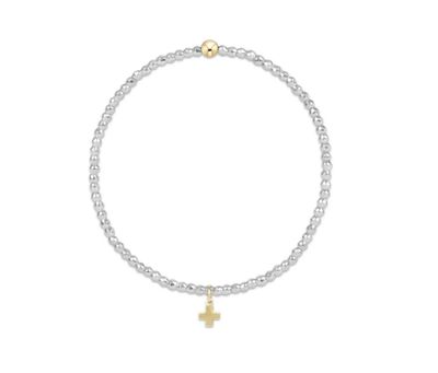 Bright Silver Faceted Hematite 2mm Bead Bracelet Signature Cross Gold Charm
