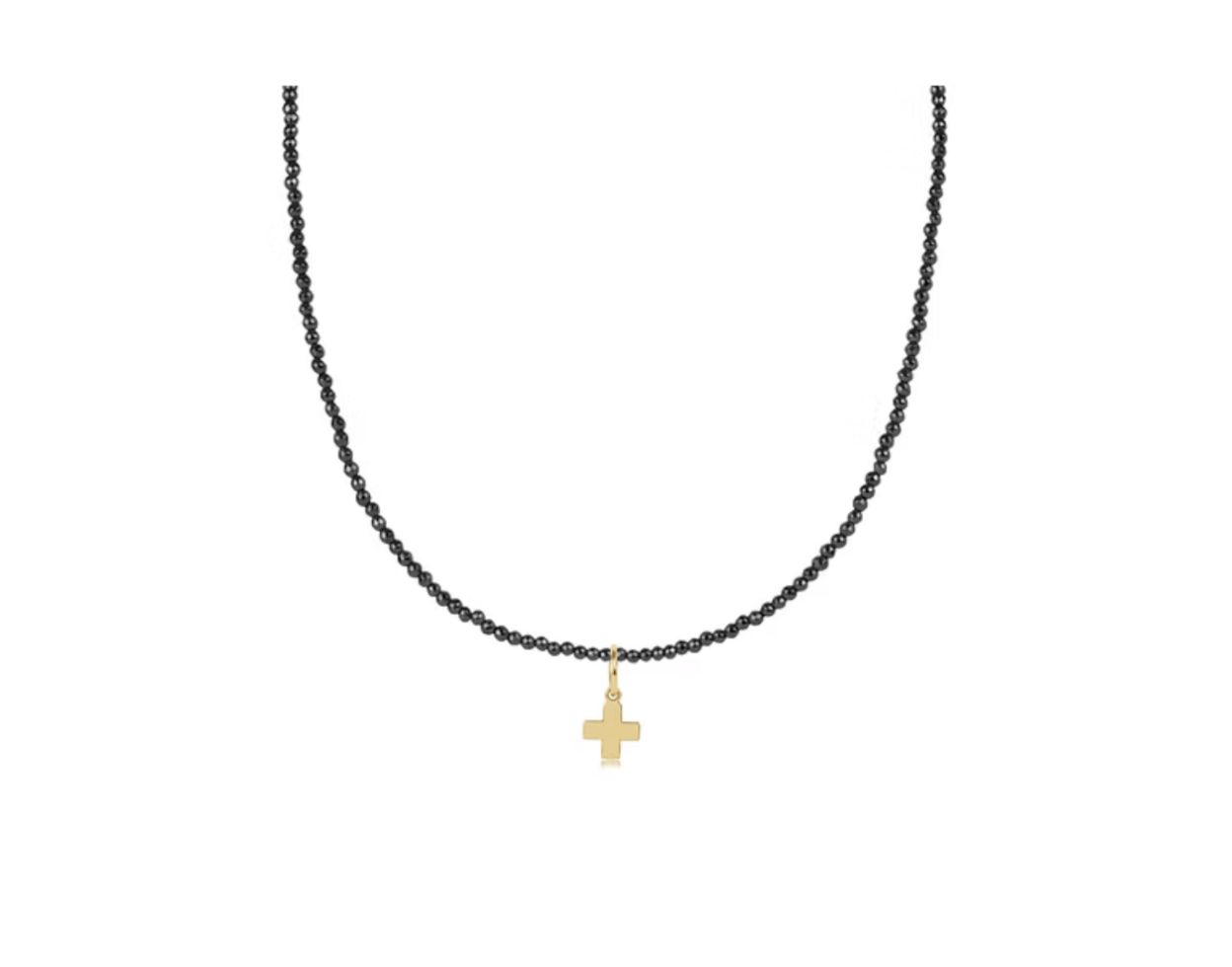 15&quot; Choker Faceted Hematite 2mm Bead Signature Cross Gold Charm