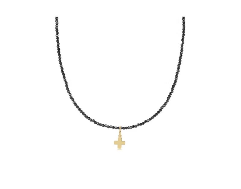 15&quot; Choker Faceted Hematite 2mm Bead Signature Cross Gold Charm