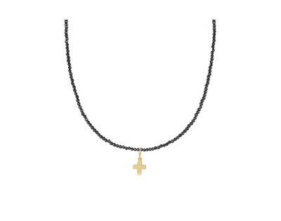 15&quot; Choker Faceted Hematite 2mm Bead Signature Cross Gold Charm