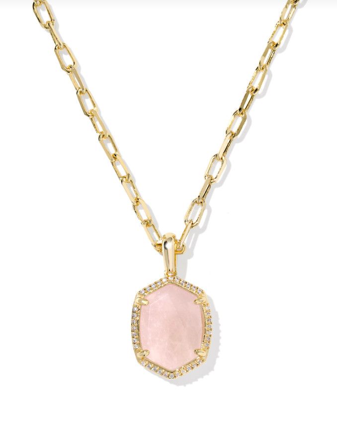 The Daphne Pave Frame Pendant Necklace in Gold Rose Quartz