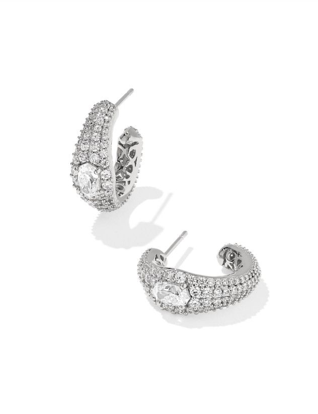The Bella Hoop Earrings in Silver White Crystal