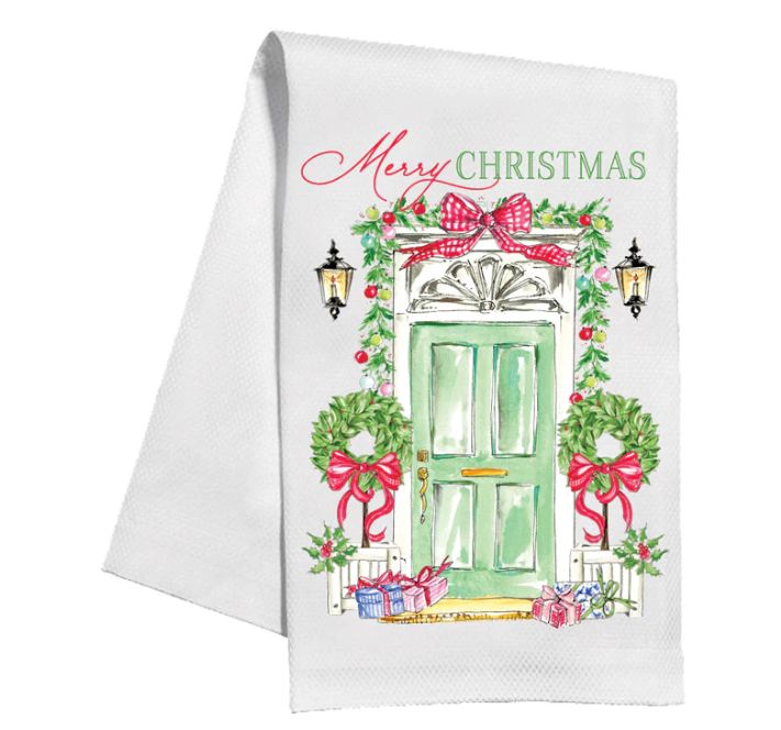 Handpainted Merry Christmas Green Front Door Tea Towel