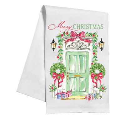 Handpainted Merry Christmas Green Front Door Tea Towel