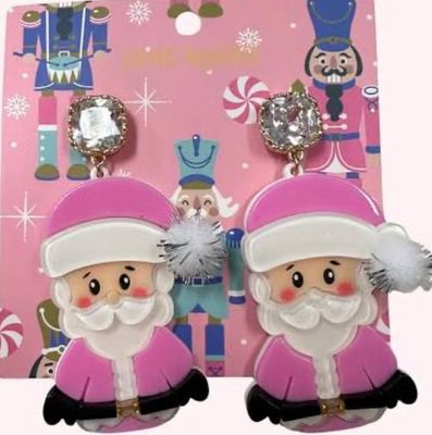 Pink Acrylic Santa Earrings with Pom