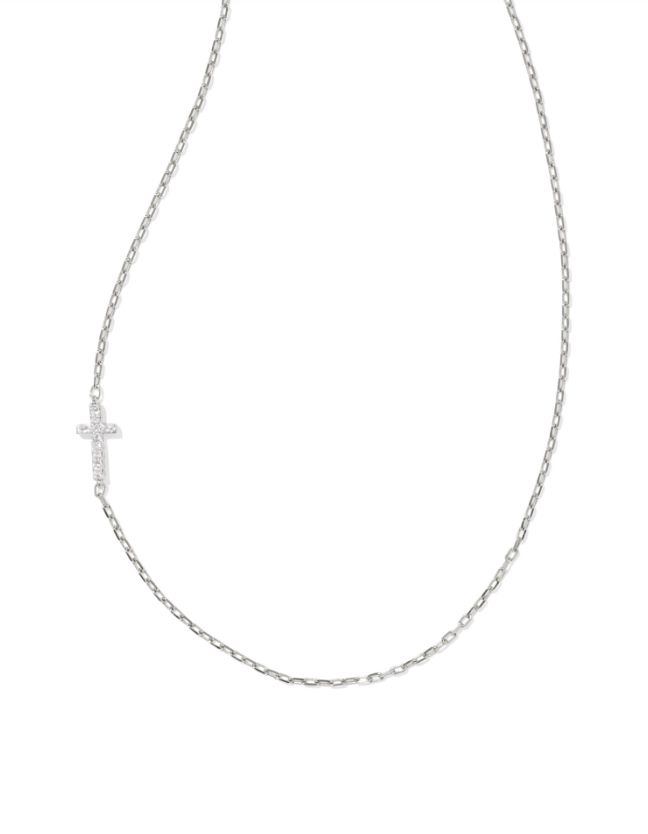 Cross Inline Pave Necklace in Sterling SIlver White Topaz