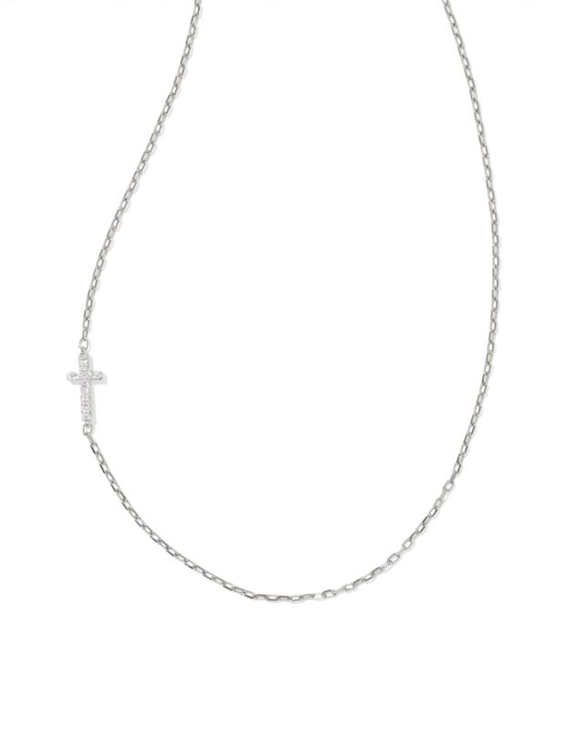 Cross Inline Pave Necklace in Sterling SIlver White Topaz