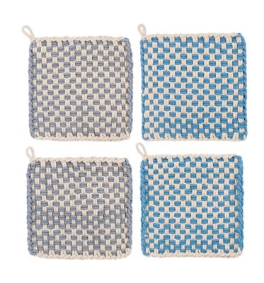 Blue + White Checked 4pc Set Crochet Potholders