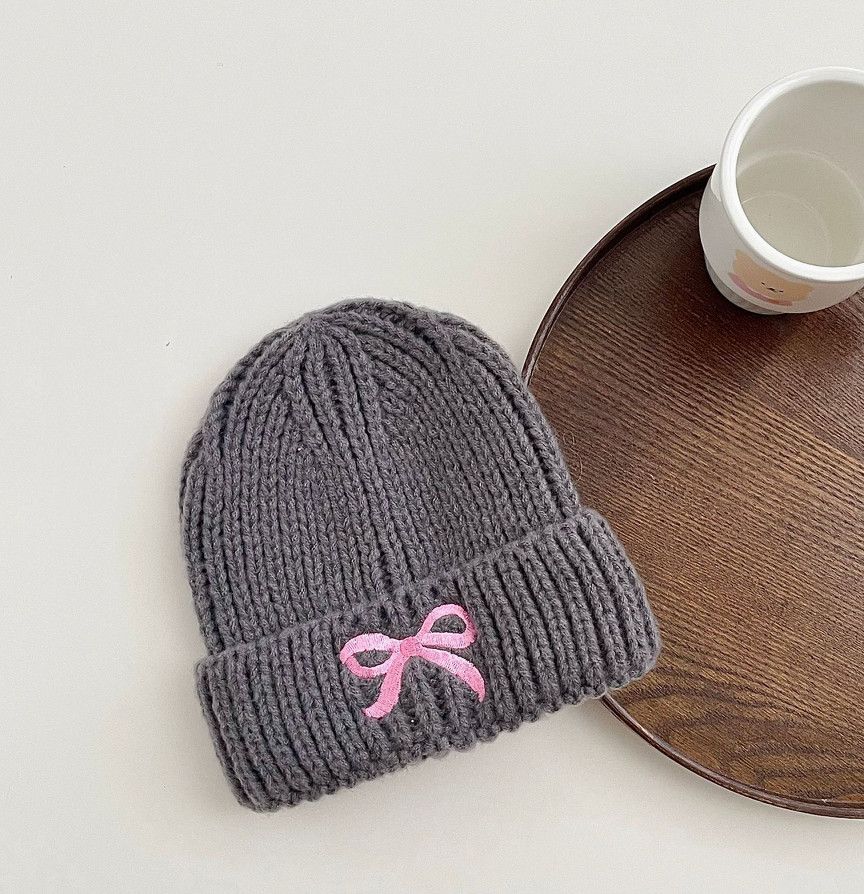 Girls Embroidered Pink Bow Beanie Gray
