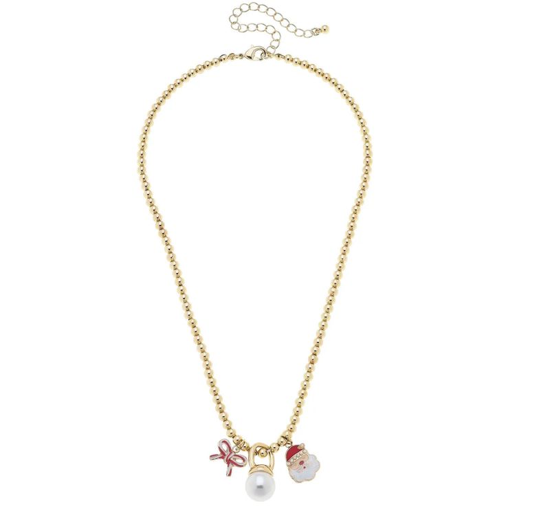 Candy Cane Bow &amp; Santa Claus Ball Bead Necklace