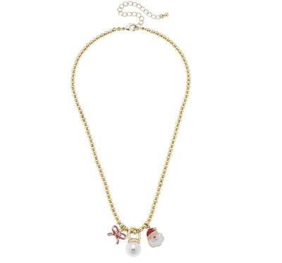 Candy Cane Bow &amp; Santa Claus Ball Bead Necklace