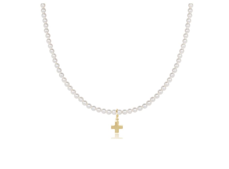 15&quot; Choker Classic Pearl 3mm Bead Signature Cross Gold Charm