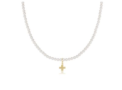 15&quot; Choker Classic Pearl 3mm Bead Signature Cross Gold Charm
