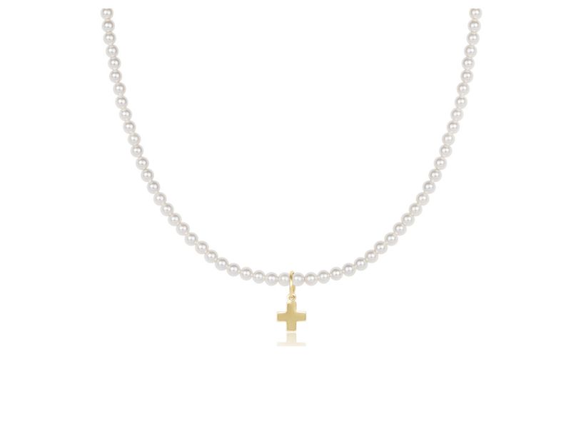 15&quot; Choker Classic Pearl 3mm Bead Signature Cross Gold Charm