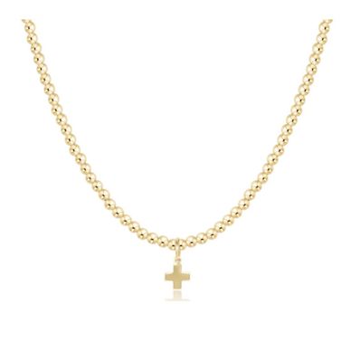 15&quot; Choker Classic Gold 3mm Bead Signature Cross Gold Charm