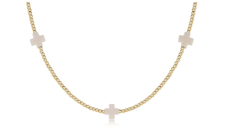 15&quot; Choker Signature Cross Gold Pattern 2mm Bead Off-White