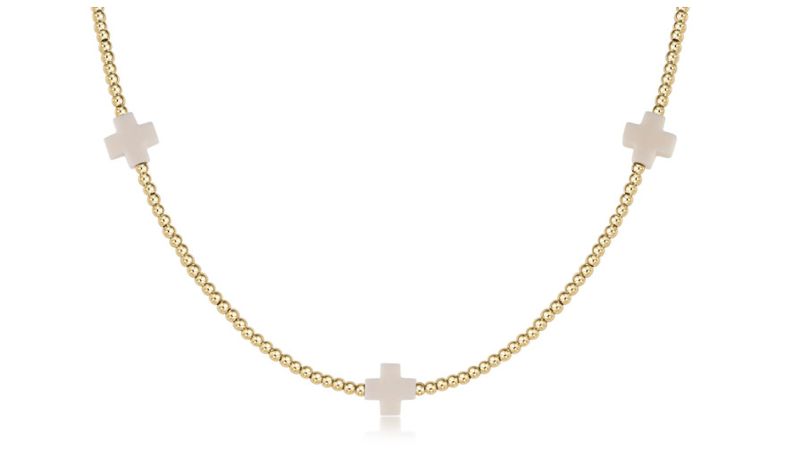 15&quot; Choker Signature Cross Gold Pattern 2mm Bead Off-White