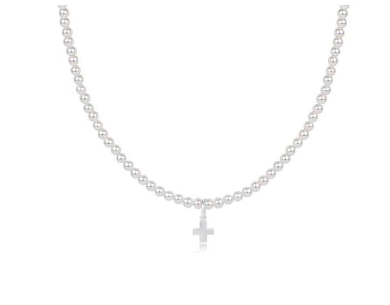 15&quot; Choker Classic Pearl 3mm Bead Signature Cross Sterling Charm