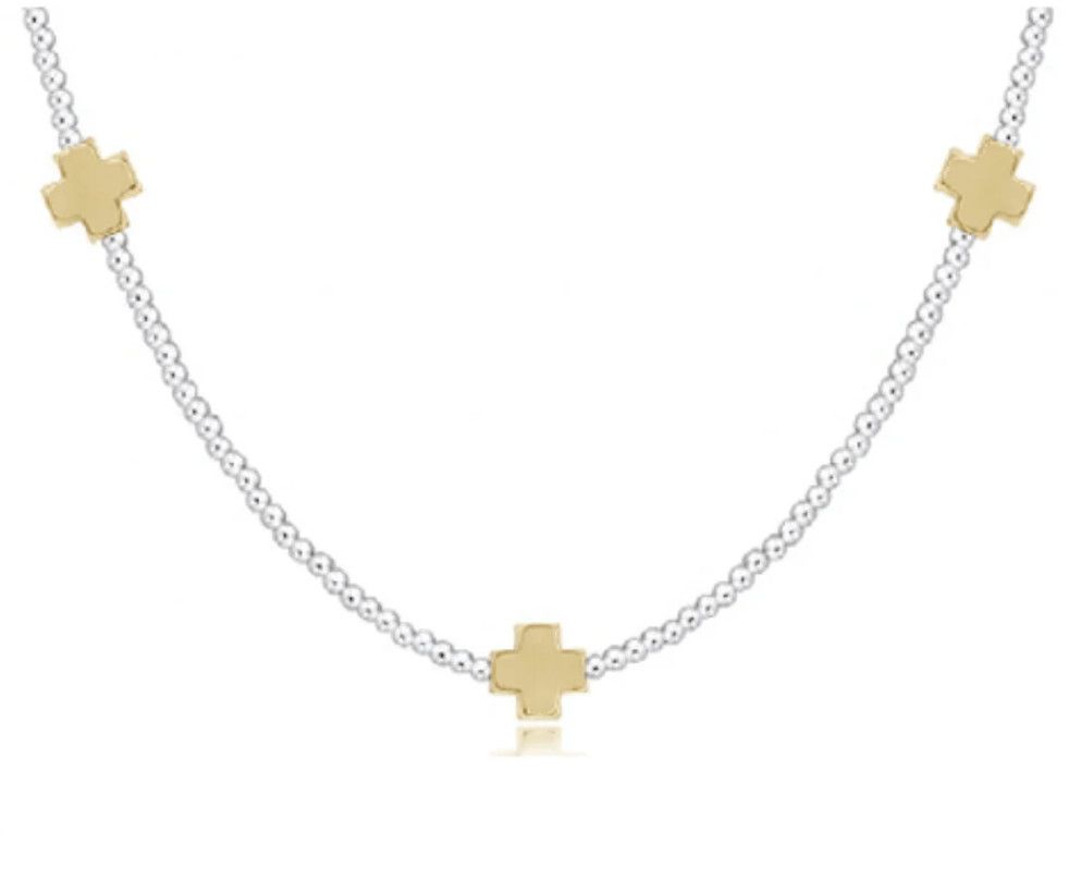 15&quot; Choker Signature Cross Sterling Mixed Metal Pattern 2mm Bead Signature Cross Gold