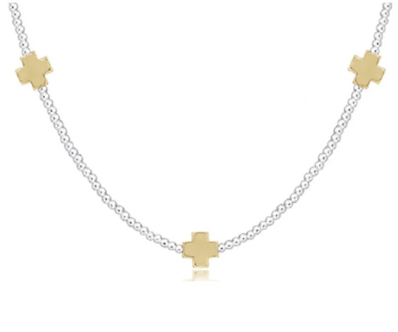 15&quot; Choker Signature Cross Sterling Mixed Metal Pattern 2mm Bead Signature Cross Gold