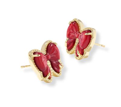 The Haley Bow Stud Earrings in Gold Scarlet Red Mother of Pearl