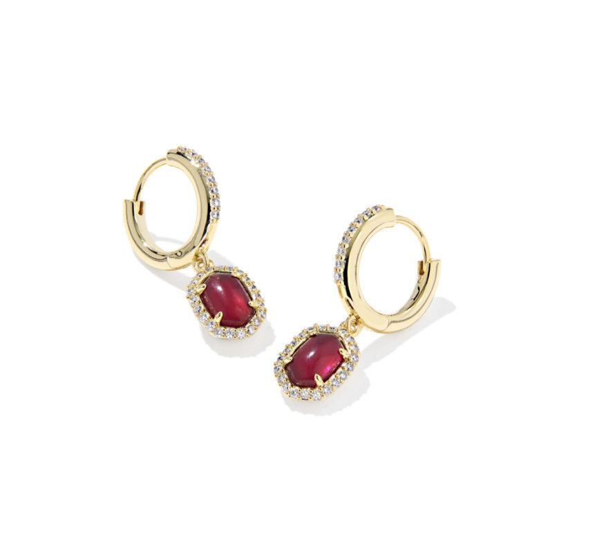 Daphne crystal frame huggie earrings in gold with dark burgundy illusion stones, elegant jewelry for everyday 