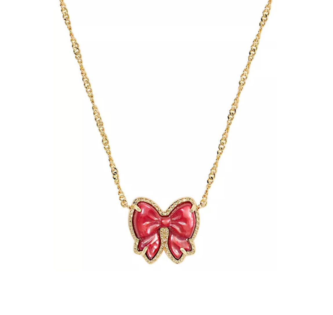 The Haley Bow Short Pendant in Gold Scarlet Red Mother of Pearl