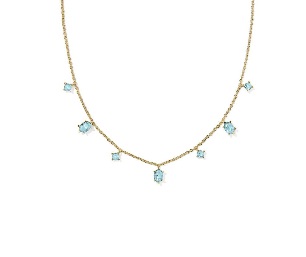 Cailin delicate strand necklace in gold with aqua crystal accents, elegant layered jewelry for everyday wear