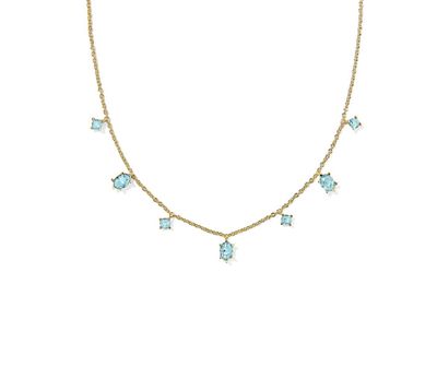 Cailin delicate strand necklace in gold with aqua crystal accents, elegant layered jewelry for everyday wear