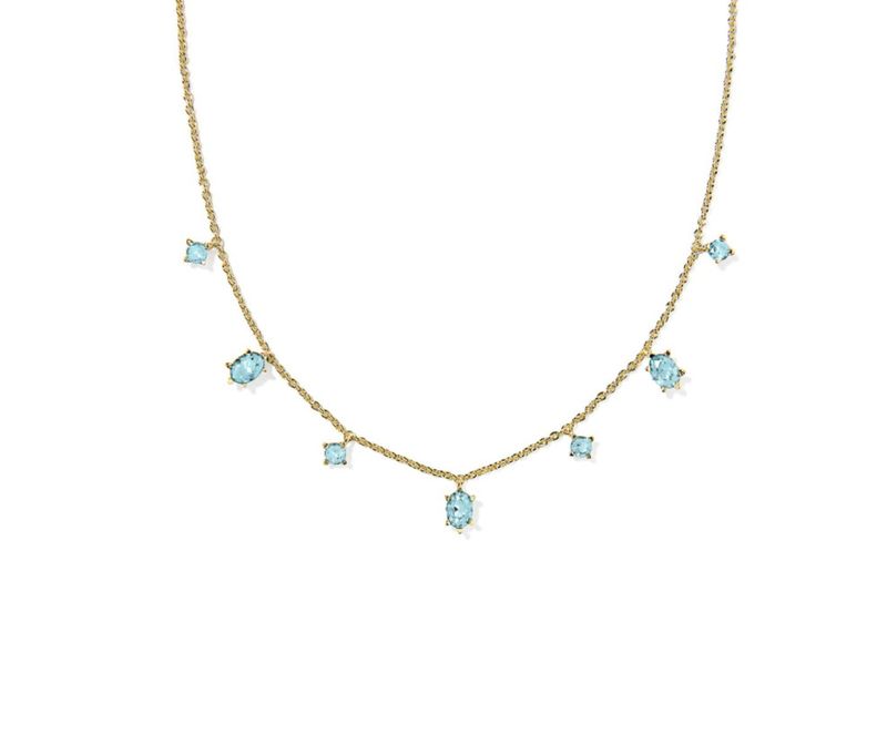 Cailin delicate strand necklace in gold with aqua crystal accents, elegant layered jewelry for everyday wear
