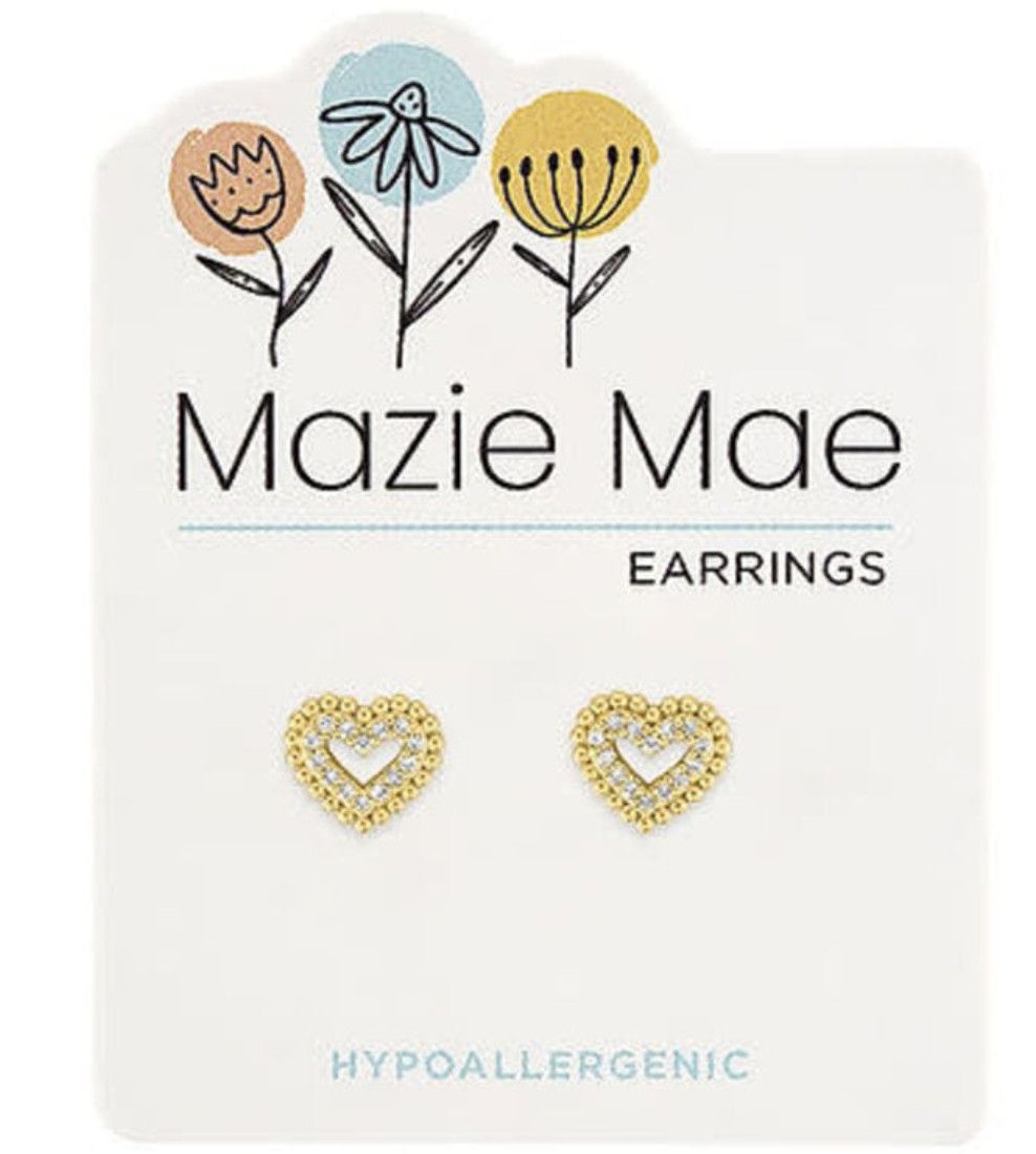 Mazie Mae Girls Earrings | Gold Double Bordered CZ Heart Stud