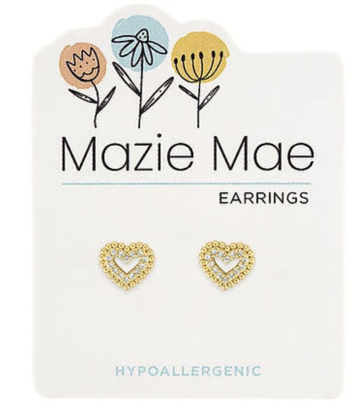 Mazie Mae Girls Earrings | Gold Double Bordered CZ Heart Stud