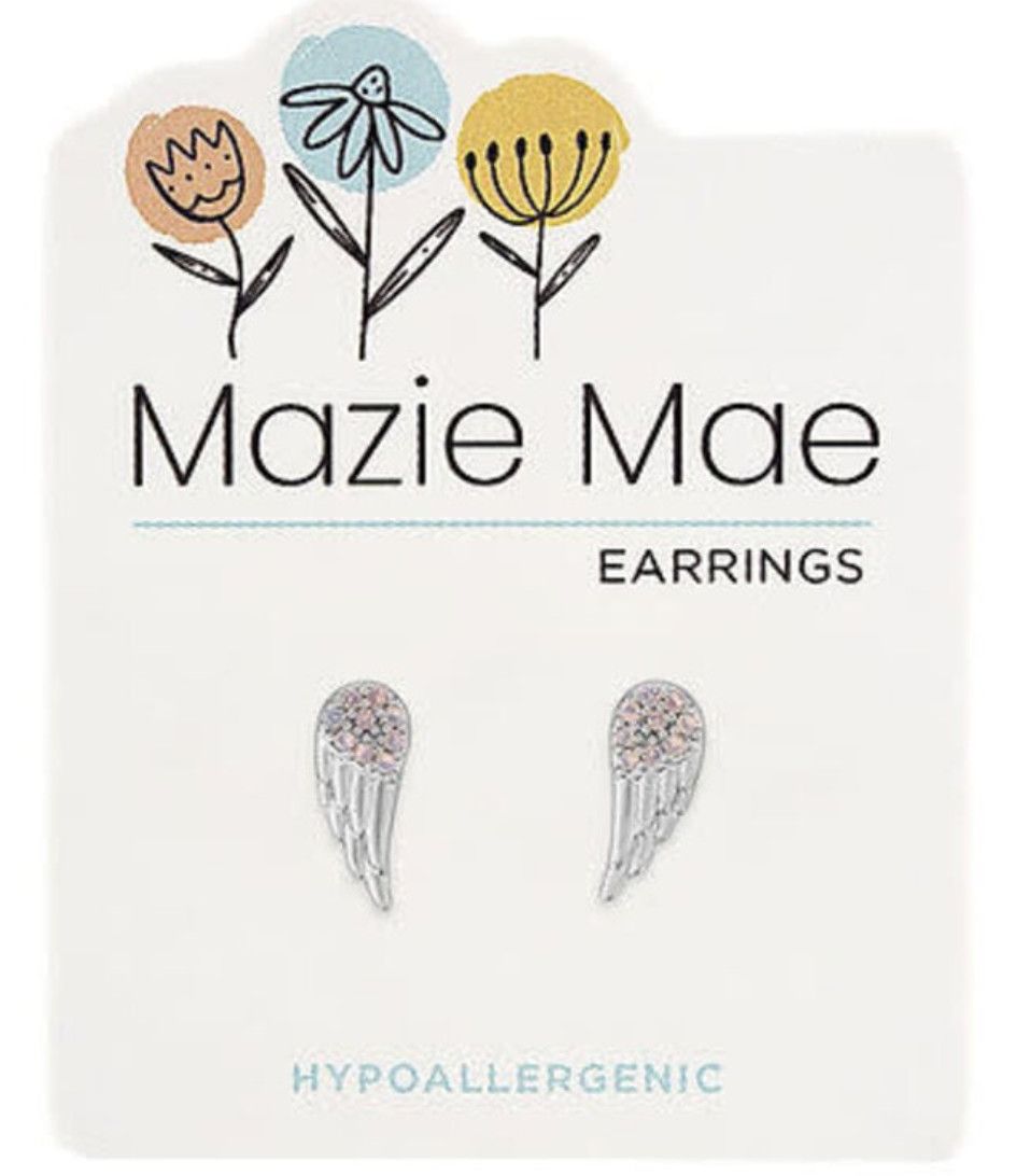 Mazie Mae Girls Earrings | Silver CZ Angel Wing Stud