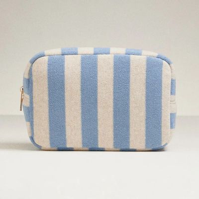 Striped cosmetic pouch with stylish pattern and zip closure, compact makeup bag ideal for travel, storage, and everyday use