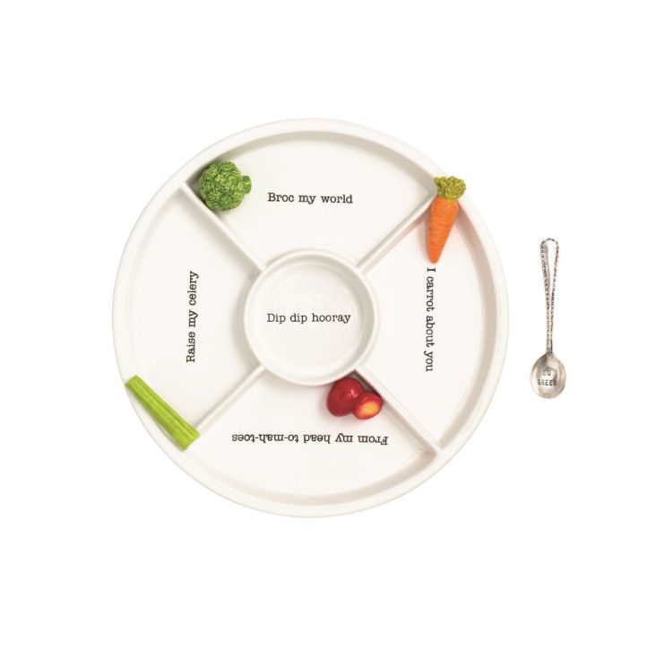 Veggie crudité server with divided compartments for fresh vegetables and dips, ideal for entertaining, parties, and gathering