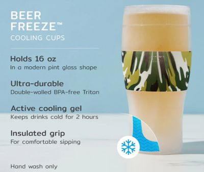 Beer Freeze Cooling Cup in green camo, insulated drinkware keeps beer cold longer, ideal for outdoor adventures and parties