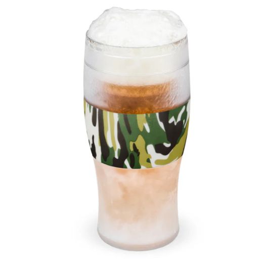 Beer Freeze Cooling Cup in green camo, insulated drinkware keeps beer cold longer, ideal for outdoor adventures and parties