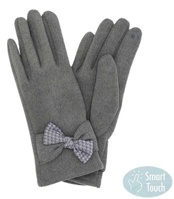 Houndstooth bow smart gloves with touchscreen fingertips, stylish winter accessory for keeping hands warm while using devices