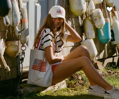 Rifle Paper Co. Americana canvas tote bag with patriotic floral artwork, durable cotton canvas and roomy interior
