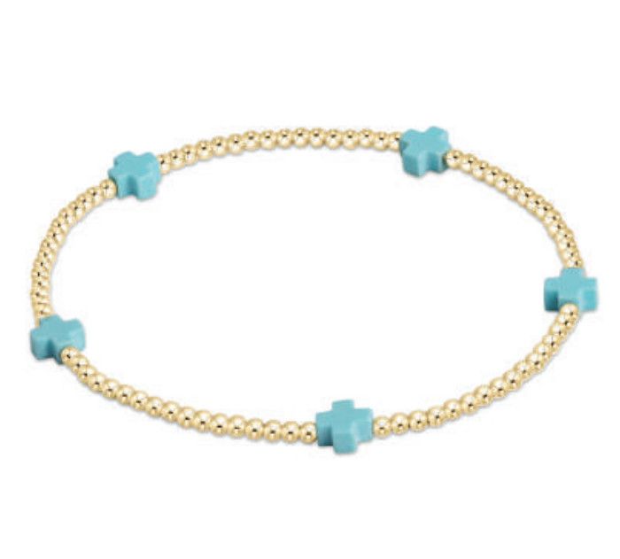 Signature Cross Small Gold Pattern 2mm Bead Bracelet, Color: Turquoise