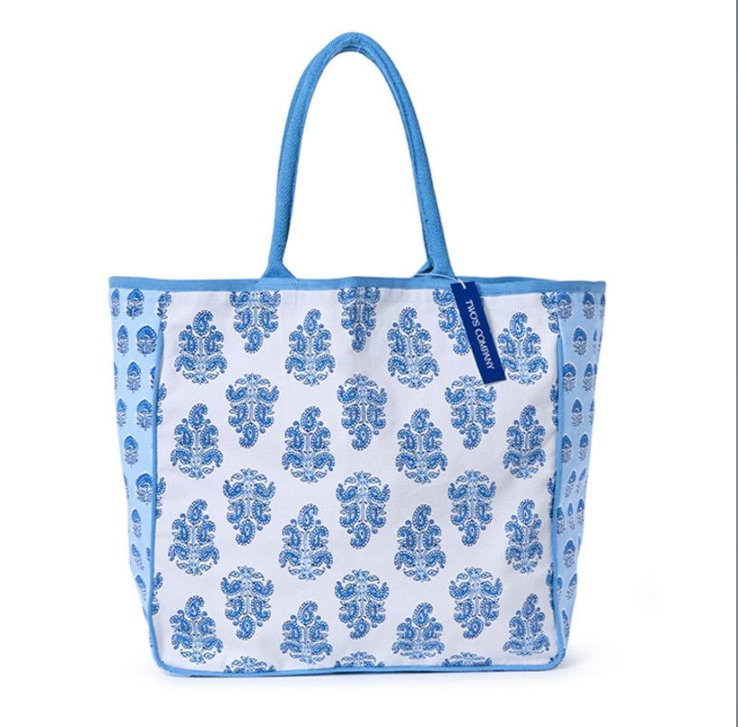 Blue Block Print Tote Bag, Style: White
